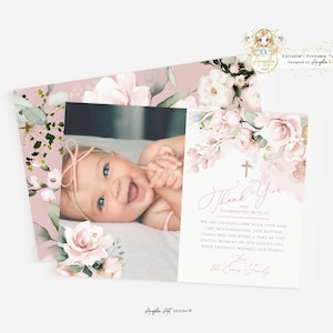 AVA - Plantilla de tarjeta de agradecimiento por el bautizo de una niña en rosa ruborizado floral con foto, tarjeta de agradecimiento con foto para el bautizo de una niña en rosa verde imprimible y editable