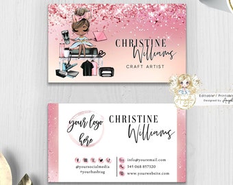 May include: Pink and white business card template with a cartoon illustration of a woman working on a craft project. The text on the card reads "Christine Williams, Craft Artist".