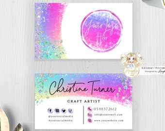 FAIRY - Business Card Template, Holographic Glitter Neon Rainbow Unicorn Watercolor Business card, Editable Printable DIY Card, Add LOGO