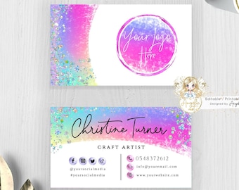 FAIRY - Business Card Template, Holographic Glitter Neon Rainbow Unicorn Watercolor Business card, Editable Printable DIY Card, Add LOGO