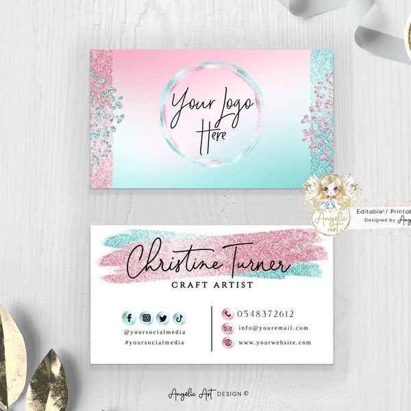 MINT PINK Business Card Template, Teal Rosegold Glitter Modern Business card, Editable Printable Pink Mint Business Card - Add your Logo