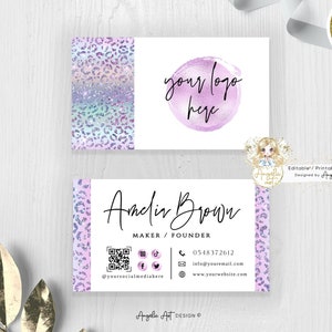 LEOPARD - Holografische Visitenkartenvorlage, bearbeitbare rosa lila Leopard Visitenkarte, Animal Print DIY Visitenkarte, druckbares Geschäft