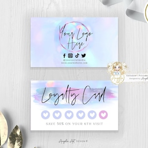 AURORA - Plantilla de tarjeta de fidelización pastel Holográfica Rosa Lila Unicornio Tarjeta de recompensas moderna Tarjeta de FIDELIDAD imprimible editable Agregue su logotipo