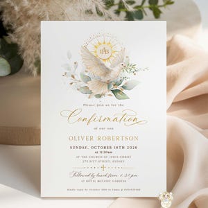 May include: A Confirmation invitation card with a dove illustration, gold accents, and elegant script. The card includes details for Oliver Robertson's Confirmation on October 18th, 2026, at the Church of Jesus Christ in Sydney.