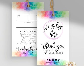 IRIS - Rainbow Price Tag Care Instructions Template, Rainbow Business Hang Tag, Printable Clothing Care Labels, EDITABLE Custom Clothing Tag