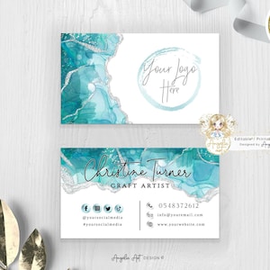 SIREN - Teal Silver Business Card Template, Teal Silver Glitter Watercolor Modern Business card, Editable, Printable - ADD your LOGO