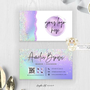 ELF - Modelo de cartão de visita, cartão de visita holográfico glitter roxo arco-íris unicórnio, cartão DIY imprimível editável, adicionar código QR do LOGOTIPO
