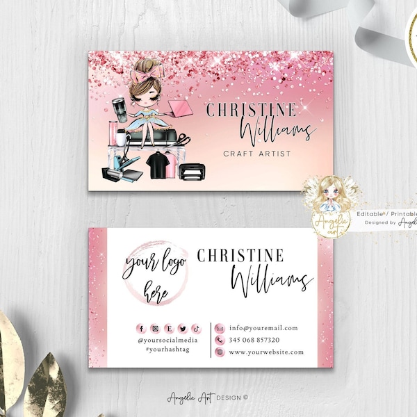 GLAM - Glitter Rose Gold Crafter Business Card Template Editable Craft Rosegold Business Card T-shirt Tumbler Makers DIY Business Card FH007