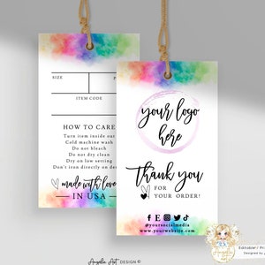 IRIS - Modelo de instruções de cuidados com a etiqueta de preço do arco-íris, etiqueta de pendurar para negócios do arco-íris, etiquetas de cuidados para roupas imprimíveis, etiqueta de roupas personalizada EDITÁVEL