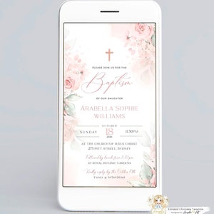 Modelo de convite de batismo de menina DELICADO, convite de batismo digital de menina Evite Blush Pink Floral Batismo Telefone Texto Convite EDITÁVEL