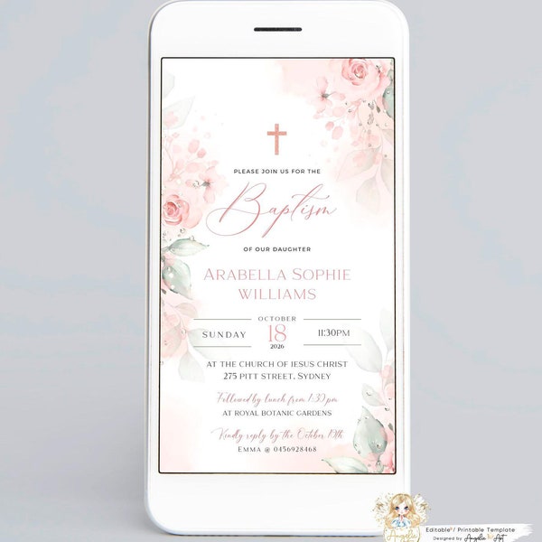 DELICATE Mädchen Taufe Einladung Vorlage, Digitale Taufe Evite Blush Pink Floral Taufe Telefon Text Laden EDITIERBAR ein