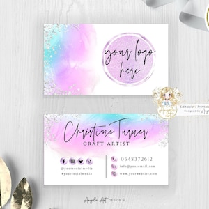 DREAMY - Visitenkartenvorlage, lila rosa blaues Aquarell moderne Visitenkarte, bearbeitbare druckbare pastel silber glitzerne Visitenkarte