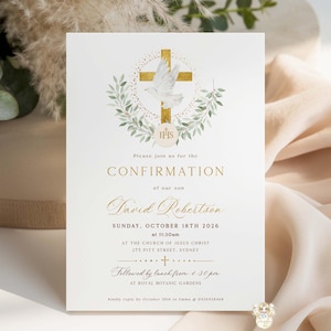 May include: A Confirmation invitation card with gold lettering and a gold cross and dove design. The card includes the text "Please join us for the Confirmation of our son David Robertson" and event details. The card is on a cream-coloured background.