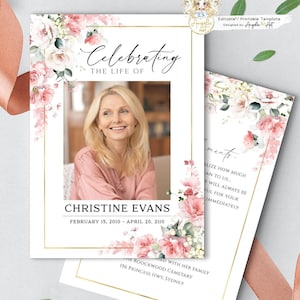 Może przedstawiać: Szablon kwiatowego ogłoszenia pogrzebowego ze zdjęciem kobiety w różowej koszuli. Tekst brzmi "Celebrating the Life of Christine Evans, 15 lutego 2010 - 20 kwietnia 2010".