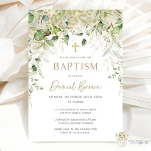 AVERY - modèle d'invitation de baptême vert éditable imprimable garçon fille sexe neutre baptême inviter baptême or vert