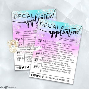 DREAMY - Decal Application Instructions Template Modern Printable DECAL Packaging Insert Card Lilac Pink Blue Decal Care Card EDITABLE