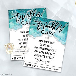 SIREN - Teal Silver TUMBLER Business Care Card Template, Anweisungen für die Pflege von Türkis-Silberbechern, bearbeitbare druckbare Tinte Aqua Tumbler Care