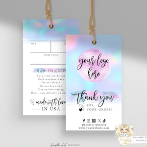 AURORA Pastel Rosa Roxo Etiqueta de Preço Instruções de Cuidados Modelo Holográfico Etiqueta Pendurada Etiquetas de Cuidados de Roupas EDITÁVEIS Roupas Personalizadas