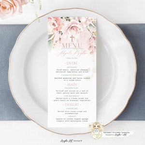 AVA - Plantilla de menú de bautismo floral rosa rubor, menú de bautismo imprimible EDITABLE, menú de bricolaje verde oro rosa para boda, ducha, cena, brunch