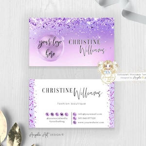 Glitzer Lila Flieder Bearbeitbare Visitenkarten Vorlage, FÜGEN SIE IHR LOGO hinzu, druckbare lila Visitenkarte, DIY moderne Geschäftsausstattung