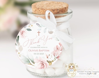 AVA - Floral Blush Pink Gold Baptism Favor Tags Template, EDITABLE Printable Baptism Favor Tags, Pink Gold Green Floral Thank you Tags