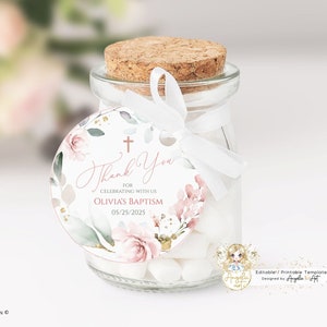 AVA - Modelo de etiquetas para lembrancinhas de batismo com flores rosa-ouro, etiquetas para lembrancinhas de batismo EDITÁVEIS para impressão, etiquetas de agradecimento florais rosa-ouro-verde