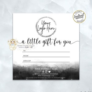 Certificado de regalo editable, vale de regalo editable en blanco y negro, descarga instantánea, plantilla de vale de tienda, agregue su logotipo, tarjeta de regalo moderna