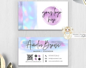 AURORA: sjabloon voor pastel holografisch visitekaartje: bewerkbaar aquarelontwerp (LOGO TOEVOEGEN)