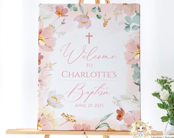ALMA - Dusty Pink Baptism Welcome Sign Template, Greenery Blush Pink Floral Welcome Sign, Baptism Decoration Girl EDITABLE Printable