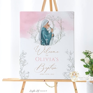 Virgin Mary Baptism Welcome Sign Template, Delicate Girl Christening Welcome Blush Pink Baby Breath Floral Baptism Decor EDITABLE Printable