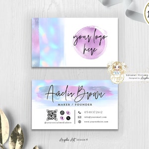 AURORA - Pastell Visitenkartenvorlage, holografische rosa blaue Einhorn Aquarell moderne Visitenkarte, bearbeitbar, druckbare ADD LOGO Card