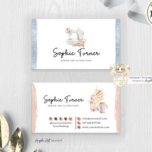 Sewing Business Card Template, Editable Handmade Sewing Rosegold Blue Business Card, Modern Makers Business Design, DIY Business Card