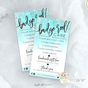 AQUA - Modello di istruzioni per la cura della bobina per badge, carta per la cura dell&#39;imballaggio della bobina per badge in argento blu acqua, carta per la cura acrilica MODIFICABILE stampabile