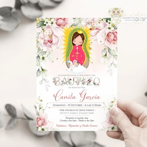 Invitacione De bautizo Niña - Invitación De Bautismo Virgen De Guadalupe Niña Español - Invitación Floral Bautizo, EDITABLE, Para Imprimir