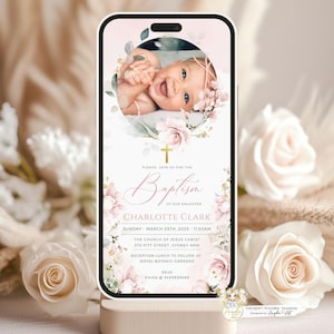 AVA - Invito per battesimo con foto floreale rosa cipria per bambina, invito per battesimo con testo floreale rosa oro verde, invito per battesimo MODIFICABattesimo