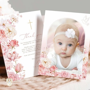 MILA - Pink Gold Floral Photo Baptism Girl Thank You Card Template EDITABLE Printable Blush Floral Arch Baptism Photo Thank You Card