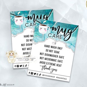 SIREN - Editable Printable Mug Care Card Template, Teal Silver Glitter DIY Cup Care Instructions Template, How To Care Teal Mug Card