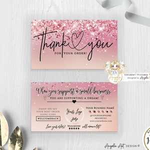 GLAM - Editable Rosegold Glitter  Business Thank You For Your Order Double sided Insert Card Template Printable Packaging Insert
