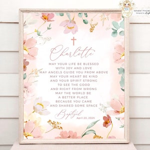 ALMA - Dusty Pink Taufe Segen Zeichen Blush Pink Floral Taufe Segen Printable EDITIERBAR druckbares Taufe Geschenk für Mädchen Gebetszeichen