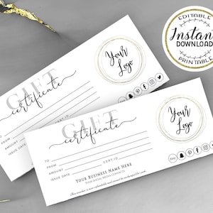 Certificado de regalo imprimible • Plantilla de certificado de regalo moderna • Vale de regalo editable • AGREGUE SU LOGO Plantilla de tarjeta de regalo, certificado simple