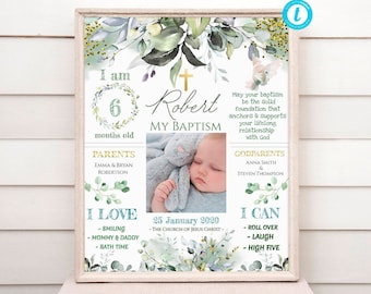 GREENERY Baptism Chalkboard Sign Add Your Photo Baptism Printable Gift Sign EDITABLE Personalized Baptism Gift Baptism Milestone Sign