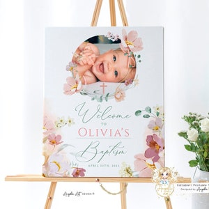 ALMA - Dusty Pink Photo Baptism Welcome Sign Template, Rose Gold Greenery DIY Baptism Decoration Girl, EDITABLE Printable Photo Welcome sign