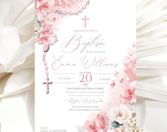 BELLE - modèle d'invitation de baptême floral rose blush pour fille, modèle d'invitation de baptême pour fille, modifiable imprimable invitation de baptême en fard à joues