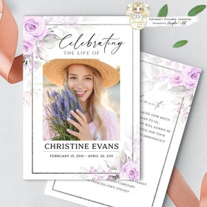 May include: A printable memorial card template featuring a floral design with purple flowers and a silver glitter background. The card includes a photo of a woman, the text "Celebrating the Life of", and the name "Christine Evans".