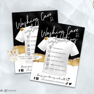 TOUCAN - Luxury Washing Care Instructions Template, Black Gold Glitter Wash Care Insert Card Printable Clothing Care EDITABLE