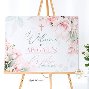 AVA - Modello di cartello di benvenuto per battesimo con motivo floreale rosa cipria, decorazione per battesimo di benvenuto orizzontale verde oro rosa ragazza modificabile stampabile di benvenuto
