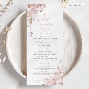 SOPHIA - Blush Pink Floral Rosenkranz Taufe Menü Vorlage EDITIERBARE druckbare Blush Peonies Taufe Menü DIY Menü für die Taufe Taufe
