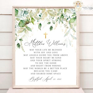 AVERY - Greenery Gold Baptism Prayer Blessing Sign Template Eucalyptus Gold Baptism Blessing Sign Printable EDITABLE Baptism Gift Boy Girl