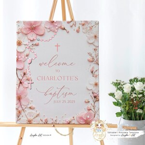 FLEUR - Plantilla de letrero de bienvenida para bautizo con flores silvestres en color rosa ruborizado Decoración de bienvenida para bautizo de niña Letrero de bienvenida floral imprimible y EDITABLE