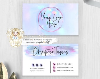 AURORA - Pastel Business Card Template, Holographic Pink Blue Unicorn Watercolor Modern Business card, Editable, Printable ADD LOGO Card